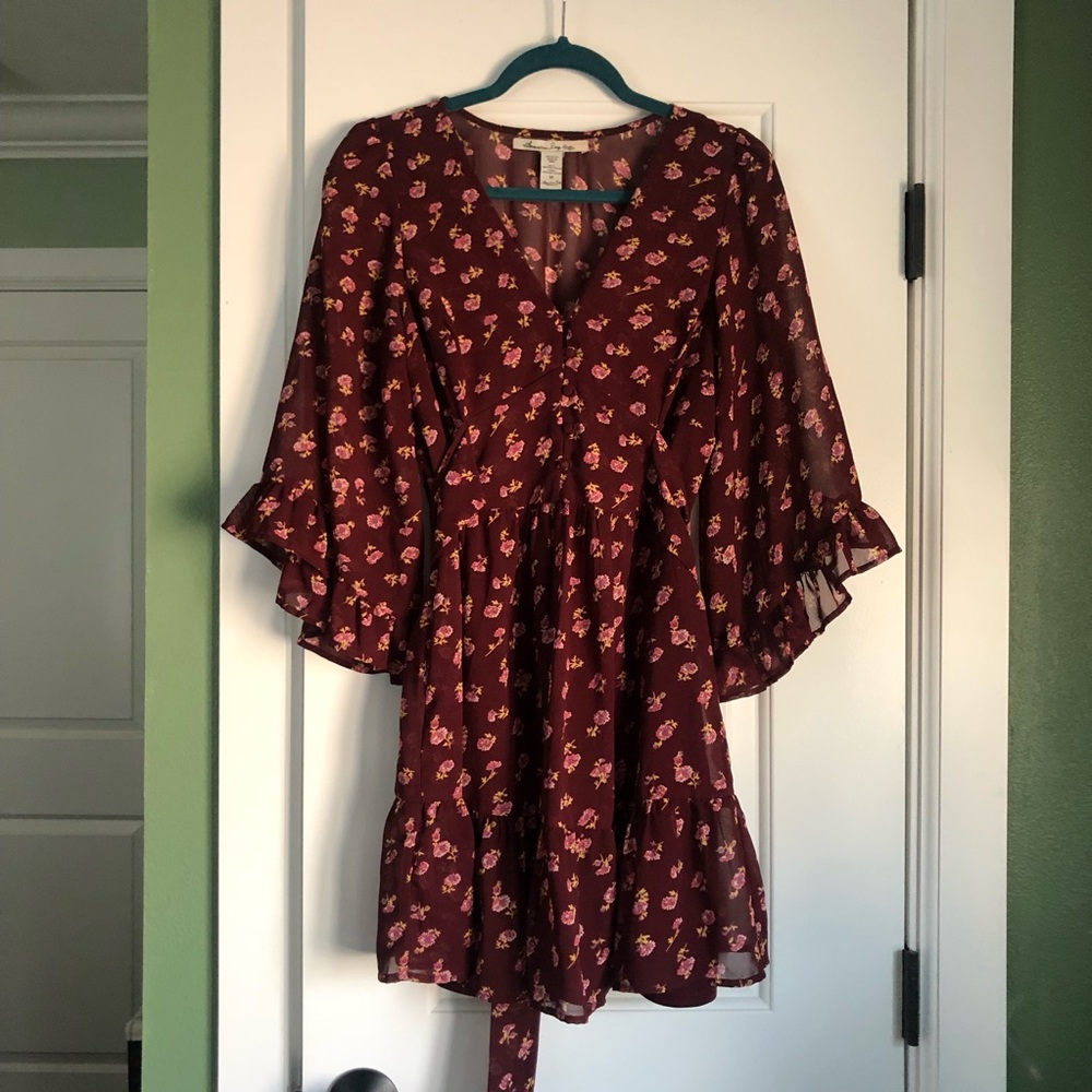 Maroon and pink floral dress with bell sleeves